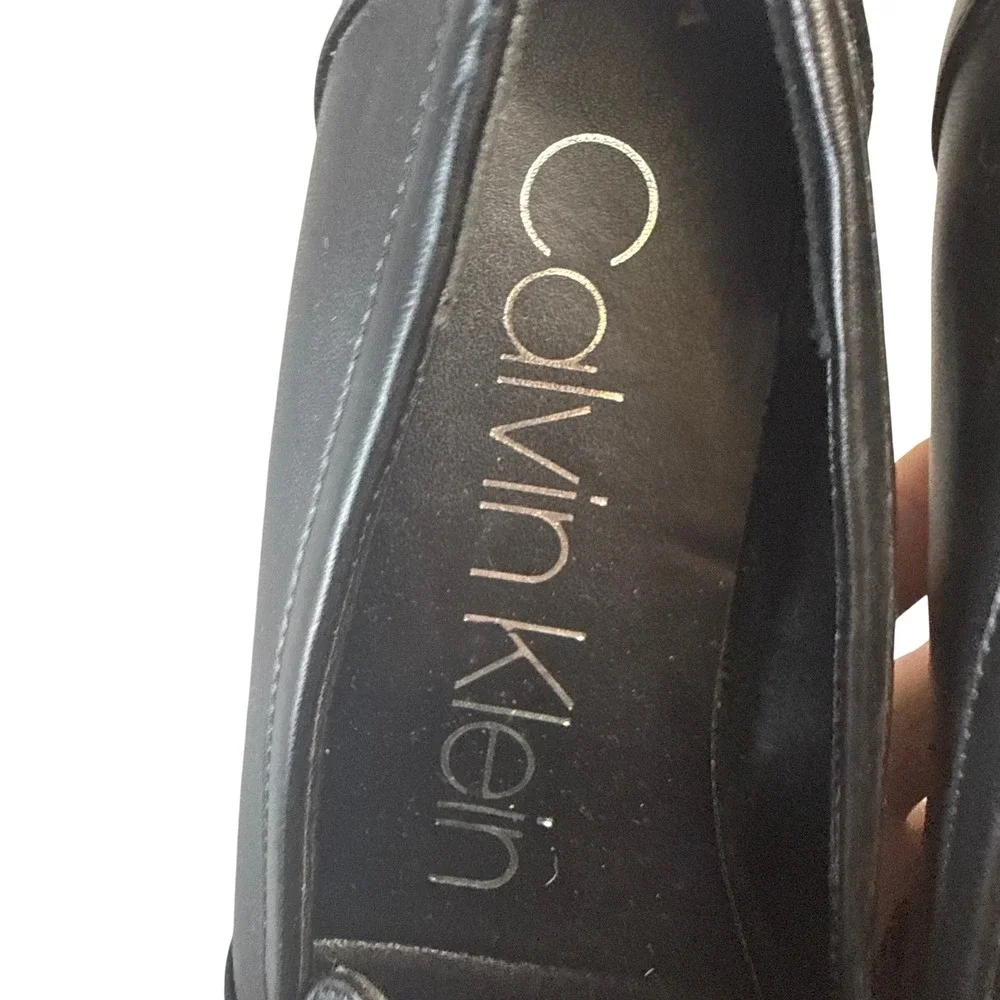 Calvin Klein Mens Black Leather Square Toe Loafers Silver CK Buckle Size 9M